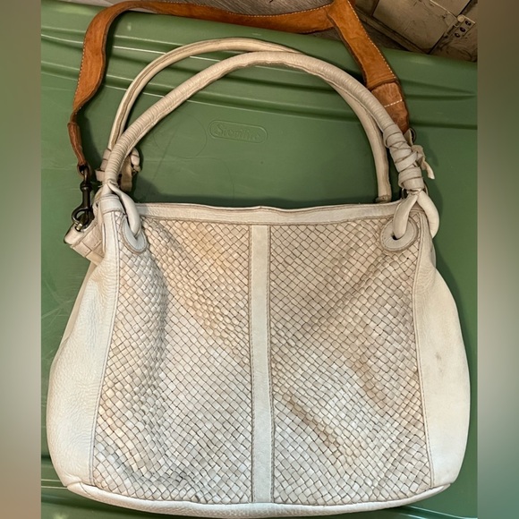 Sundance White and Tan Woven Leather Shoulder Bag - Picture 1 of 14